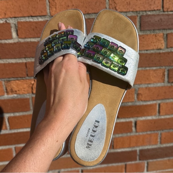 Sesto Meucci Silver Slide Sandals with Multicolor Gemstones - Picture 4 of 5